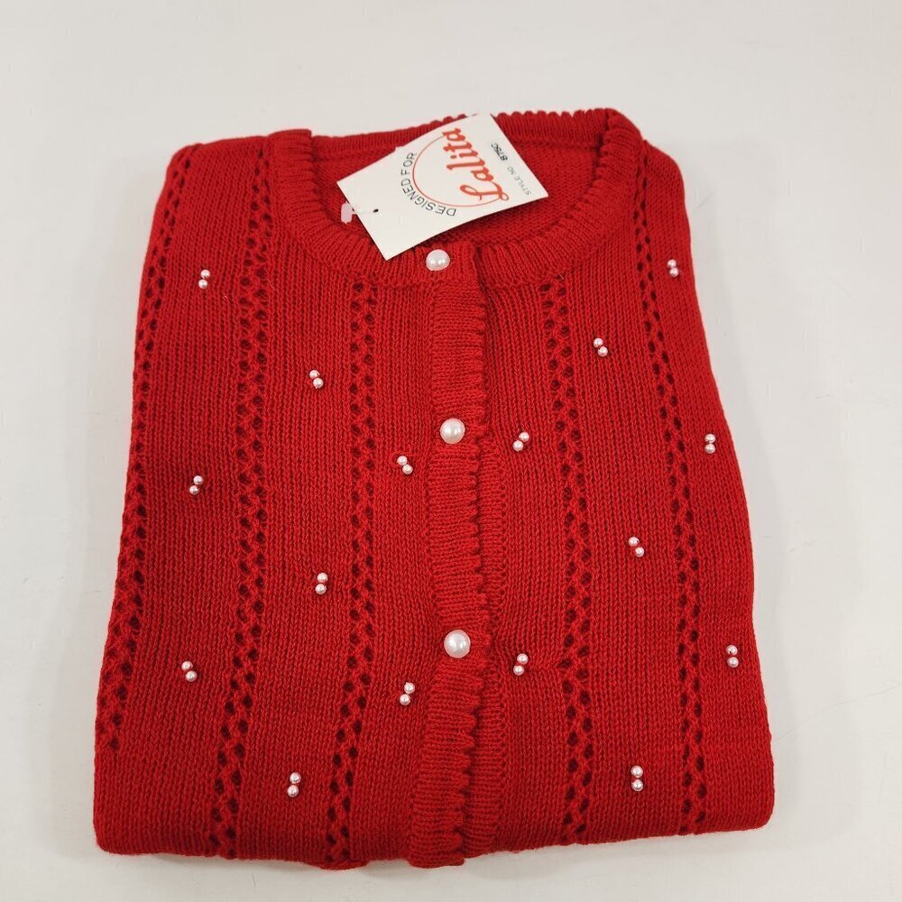 Lalita Red Cardigan Sweater with Poppies NEW Old Stock Size Large